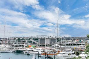um grupo de barcos ancorados num porto com um estádio em Waterfront Wonder + Cp! em Auckland