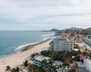 an aerial view of a beach with palm trees and the ocean at Estancias playa Costa Azul Surf in San José del Cabo