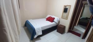 a small bedroom with a bed and a mirror at Apartamento temporada com garagem, Wi-Fi, Netflix in Guarapari