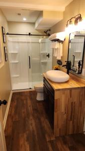 a bathroom with a sink and a toilet and a shower at Wolf Creek Lodge in Atlanta
