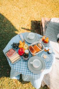 een picknicktafel met borden eten op een deken bij Pipas do Vale - Vale dos Vinhedos in Bento Gonçalves