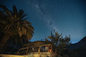 uma casa sob um céu estrelado com uma palmeira em Piuquenes Lodge - Cabañas Valle de Elqui em Horcon