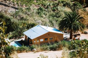 a house in the middle of a desert with a palm tree at Piuquenes Lodge - Cabañas Valle de Elqui in Horcon
