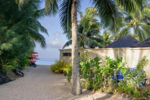 ラロトンガ島にあるThe Rarotongan Beach Resort & Lagoonariumのヤシの木が植えられた浜辺の家