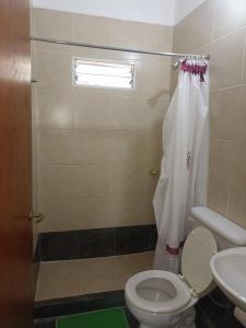 een badkamer met een toilet, een wastafel en een douche bij Atardecer Santiagueño in Fernández