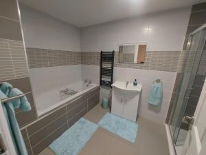 ein Bad mit einer Badewanne, einem Waschbecken und einer Dusche in der Unterkunft West coast countryside escape in Tuam