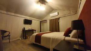 Habitación de hotel con cama y TV en "D'BAMBOO KAMP" Desa Wisata Ekang en Lagoi