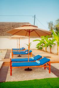 two blue beach chairs and an umbrella at PALM CULTURAL VILLAGE in Paje