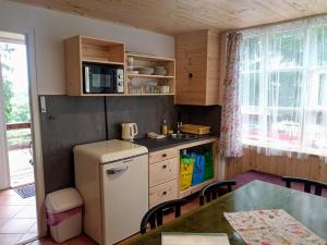 a small kitchen with a refrigerator and a table at Glamping Hnačov 
