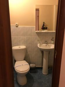 łazienka z toaletą i umywalką w obiekcie Apart-Hotel City Center Contrabas w Lwowie