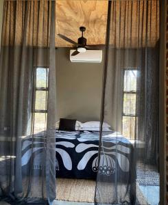 a bedroom with a bed with a ceiling fan at Terrapin Studio in Marloth Park