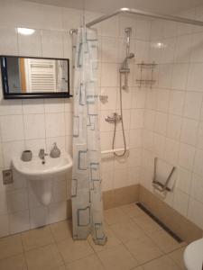 y baño con ducha y lavamanos. en Apartmán LauMar 2 en Bzenec