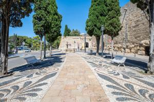 a cobblestone street with two benches and trees at Little Horse in Tarragona