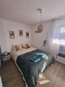 ein Schlafzimmer mit einem Bett mit zwei Handtüchern darauf in der Unterkunft Le beauplan in Chalain-le-Comtal