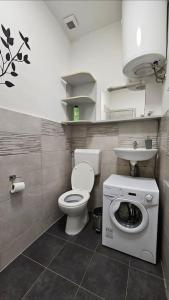 La petite salle de bains est pourvue de toilettes et d'un lavabo. dans l'établissement Cozy Hideaway, à Ljubljana