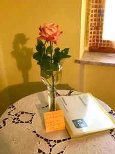 Eine Vase mit einer Blume auf einem Tisch neben einem Buch in der Unterkunft Valleverde in Caraglio