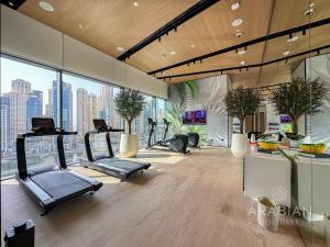 a gym with cardio equipment and a view of the city at BRAND-NEW 1 Bedroom with full Marina View in Dubai