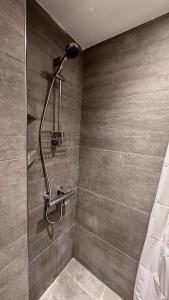 y baño con ducha con cabezal de ducha. en Carolinas Apartment - Studiestæde 3, en Copenhague
