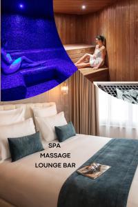 une chambre d'hôtel avec un lit et une femme assise dans un bar-salon de massage dans l'établissement Hôtel & Spa Le Maury, Vannes, The Originals Boutique, à Vannes