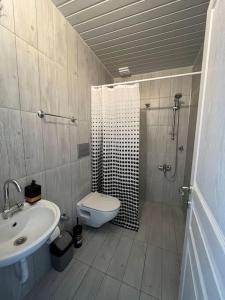 a bathroom with a shower and a toilet and a sink at Kumsal Evleri & Güney - Bahçeli, Denize 200m in Bozyazı