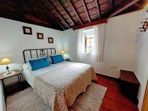 een slaapkamer met een bed met blauwe kussens en een raam bij Eloína in Barlovento