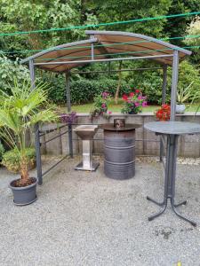 a picnic table and a gazebo with flowers at Ferienwohnung Romy Müller in Mohlsdorf