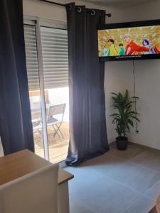 salon z telewizorem z płaskim ekranem na ścianie w obiekcie maison cosy avec petit jardin w Awinionie