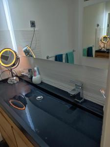 ein Bad mit einem Waschbecken und einem Spiegel in der Unterkunft Appartement au Grau du roi in Le Grau-du-Roi