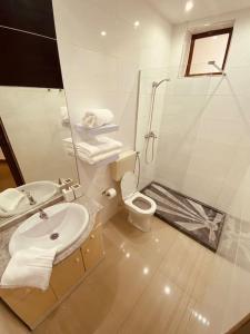 La salle de bains blanche est pourvue de toilettes et d'un lavabo. dans l'établissement Apartamento Siomaly - Piscina, à Praia