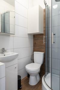 a bathroom with a toilet and a sink and a shower at RentPlanet - Studio Nadodrze in Wrocław