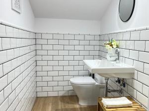 a white bathroom with a sink and a toilet at CARIATIDES SKY APARTMENT in Zamora