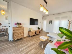een woonkamer met een bank en een tv bij CARIATIDES SKY APARTMENT in Zamora