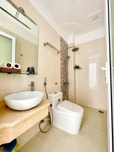een badkamer met een wastafel, een toilet en een spiegel bij Diamond Hotel in Vung Tau
