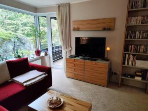 un salon avec un canapé rouge et une télévision dans l'établissement Apartement Wald-Panorama Fuchsenstein, à Spiegelau