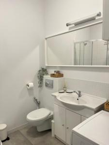 a bathroom with a sink and a toilet and a mirror at Apartament Pod Kamienną Górą II in Gdynia
