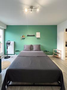 - un grand lit dans une chambre dotée d'un mur vert dans l'établissement Studio Le Maréchal - Près frontière et Netflix, à Huningue