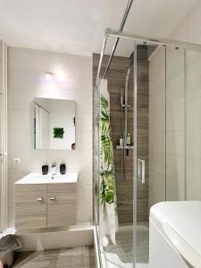 La salle de bains est pourvue d'une douche et d'un lavabo. dans l'établissement Studio Le Maréchal - Près frontière et Netflix, à Huningue