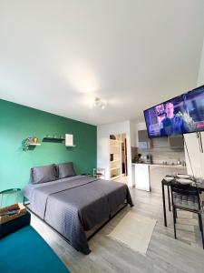 - une chambre avec un lit et une télévision à écran plat dans l'établissement Studio Le Maréchal - Près frontière et Netflix, à Huningue