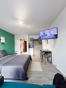 - une chambre avec un lit et une télévision murale à écran plat dans l'établissement Studio Le Maréchal - Près frontière et Netflix, à Huningue