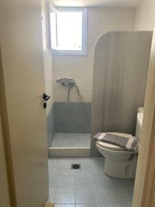 a bathroom with a shower and a toilet and a window at MARGARITA STUDIOS in Antiparos +22 photos