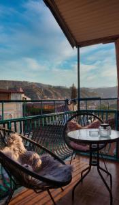 a dog laying on a chair on a balcony with a table at Metekhi View Hotel in Tbilisi City