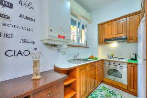 eine Küche mit Holzschränken und einem Waschbecken in der Unterkunft Leonardo House Garden Stresa Center - Happy Rentals in Stresa