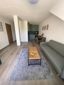 ein Wohnzimmer mit einem Sofa und einem Couchtisch in der Unterkunft Černá růže - Apartmán 6 in Pilsen