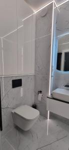 biała łazienka z toaletą i umywalką w obiekcie Apartament Vilda 2 w Poznaniu