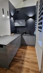 kuchnia z białymi i czarnymi ścianami oraz drewnianą podłogą w obiekcie Apartament Vilda 2 w Poznaniu