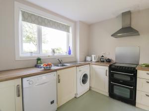 een keuken met witte apparatuur en een raam bij West Lodge in Dumfries