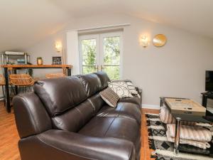 High Bickington的住宿－Hazelwood Lodge，客厅配有棕色皮沙发