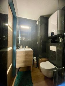 a small bathroom with a toilet and a sink at Joli studio près du front de mer in Cabourg
