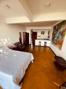 CairuにあるLofts Villa Flamboyant MSPのベッドとキッチン付きの広い客室です。
