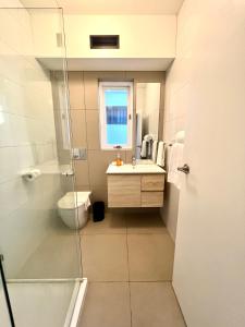 a bathroom with a shower and a sink and a window at Victorian Terrace in the heart of it all! in Melbourne